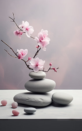 some rocks and flowers on top of each other stones there is a pink cherry blossom in the background has a grey wallの素材