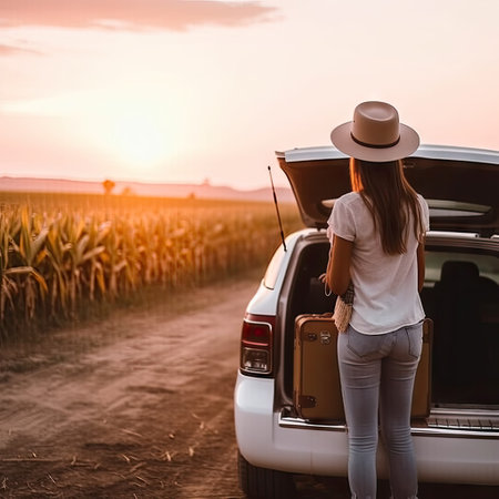 a woman standing in the back of a car with her trunk box open and looking out into the distance on a corn field at sunsetの素材