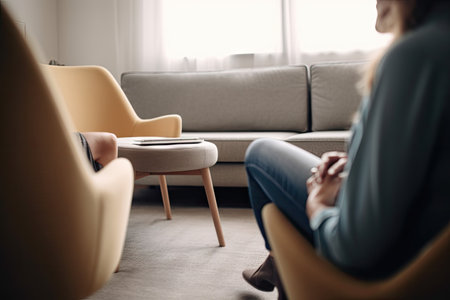 a woman sitting on the floor in front of a couch with her legs crossed and looking away from the cameraの素材