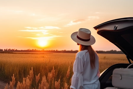 a woman standing next to her car with the sun setting in the background and looking out into the open hoodの素材