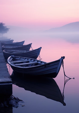 some boats in the water at sunset with pink and purple hues on the sky, as seen from across the lakeの素材