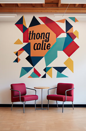 two chairs in front of a wall mural with the wordtag alewritten on it and colorful geometric shapesの素材