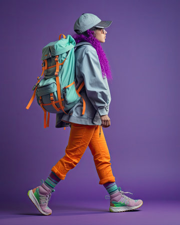 a young girl walking with a backpack on her back, wearing bright orange pants and green hat she is looking at the cameraの素材