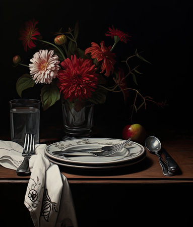 flowers in a vase on a table with a plate, fork and silverware next to a glass filled with waterの素材