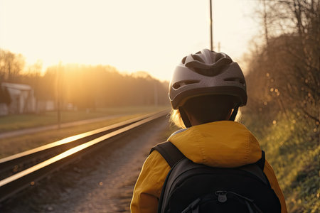 a person wearing a helmet and riding a bike on the train tracks at sunset time, with trees in the backgroundの素材
