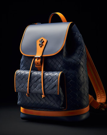 a backpack with an orange and blue leather lining on the front, one is attached to its shoulder strapの素材