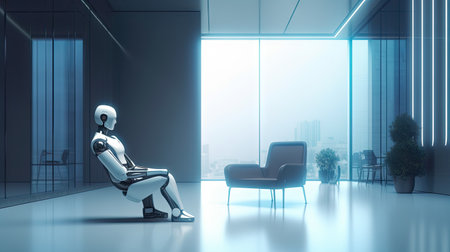 a robot sitting on a chair in the middle of an empty office space, looking out to the city skylineの素材
