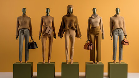three manne models, one in beige and the other in green with brown leather bags on their heads they are standing on woodenの素材