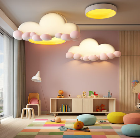 a childs room with pink walls, wooden flooring and lots of white clouds hanging from the ceilingの素材