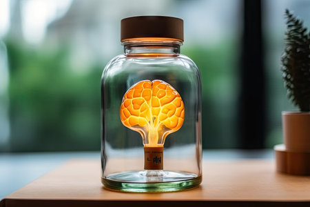 a light bulb in a glass jar on top of a wooden table next to a pot with a plant insideの素材