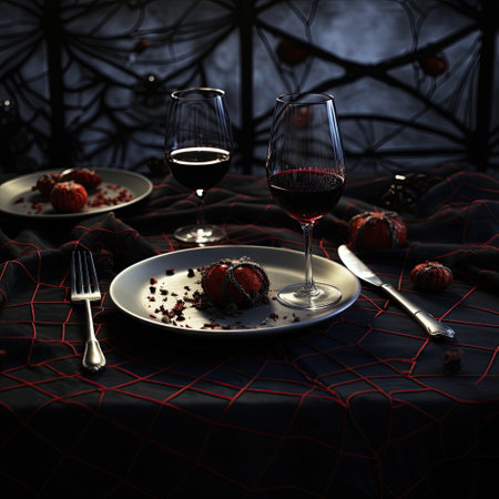 some food on a table with wine and strawberries in the photo is dark, but there is no imageの素材