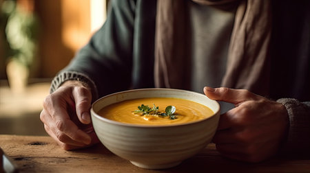a person holding a bowl of soup on a wooden table with a knife and spoon in front of the bowlの素材