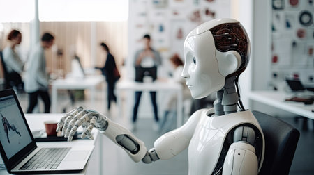 a robot that is working on a laptop in an office with people walking around the room and talking to each other robotsの素材