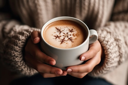 a woman holding a cup of hot chocolate latte in her hands, with cinnamon spies on the topの素材