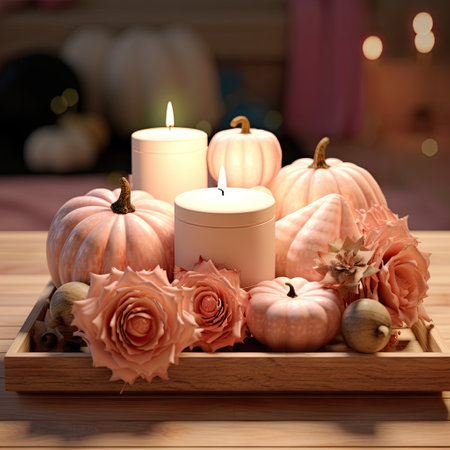 candles, flowers and pumpkins on a wooden tray that is sitting on a table with lights in the backgroundの素材