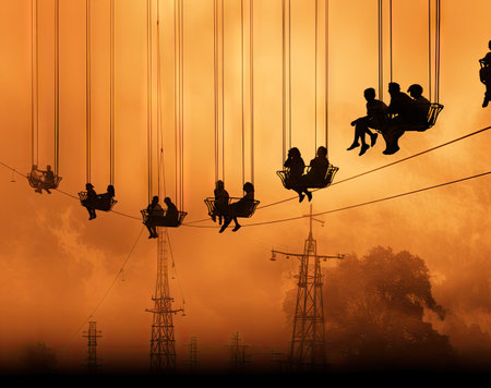 people hanging on wires in the air with an orange sky and clouds behind them are silhouetted against each other onesの素材