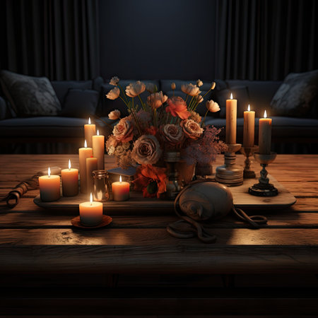 candles and flowers on a wooden table in front of a living room with a couch, coffee table and sofaの素材