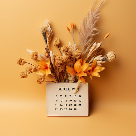 flowers in a vase with a calendar on the wallの素材