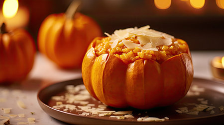 pumpkins on a plate with candles in the background and text overlay that reads how to make pumpkin pieの素材