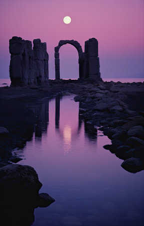 the sun setting behind an arch in the sea, with rocks and boulders reflected in the water at low tideの素材
