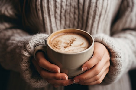 a woman holding a cup of coffee in her hands, with the text how to start your morning routineの素材