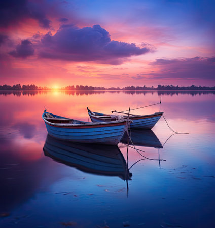 a boat on the water at sunset with clouds in the sky and some trees reflected in the still calm watersの素材
