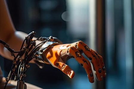 someones hand holding an orange robotic that looks like it is about to touch the other robot with its fingersの素材