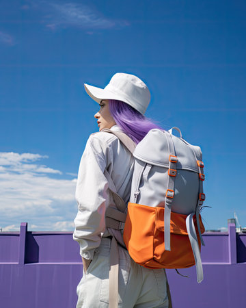 a woman with purple hair wearing a white hat and carrying a gray backpack on her back against a blue skyの素材