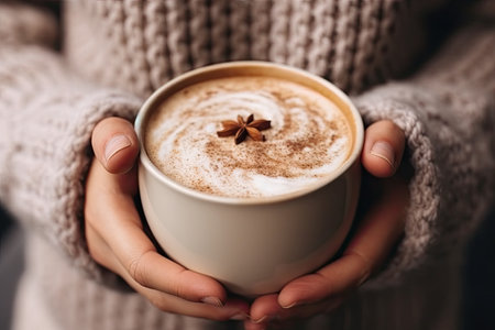 someone holding a cup of hot chocolate latte with cinnamon and star an image of someone holding a cup of hot chocolate latteの素材