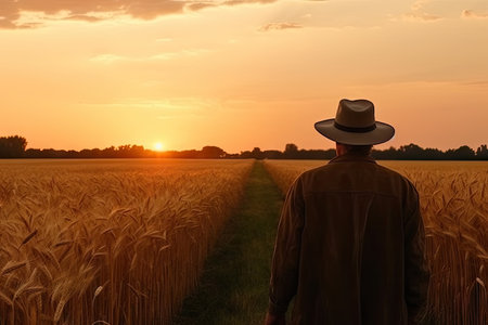 a man standing in a wheat field looking at the sun setting behind him, with his back to the cameraの素材