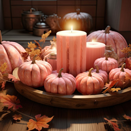 some pumpkins and candles on a table with autumn leaves around it, as seen from above the image is a candle surrounded byの素材