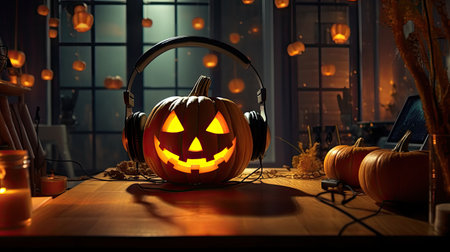 a halloween pumpkin with headphones in front of it on a wooden table, surrounded by candles and other decorationsの素材