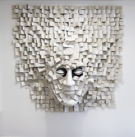 a face made out of many pieces of white paper, with black eyes and eyebrows on the wall behind it is a pile ofの素材