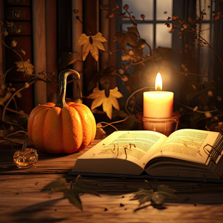 an open book on a table with a candle and pumpkin in the light is shining through the window behind itの素材