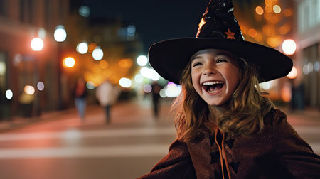 a little girl wearing a witch hat and smiling at the camera in front of a city street lit by lightsの素材