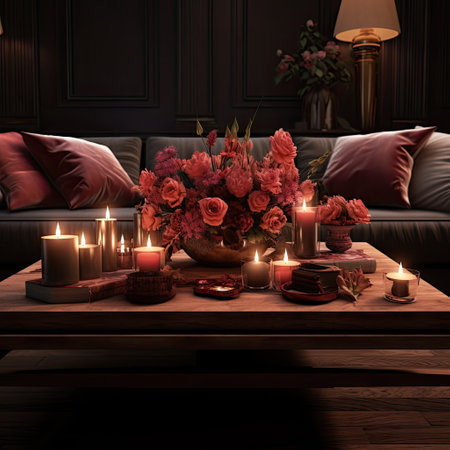 flowers and candles on a coffee table in front of a grey couch with pink pillows, dark walls and wooden floorの素材