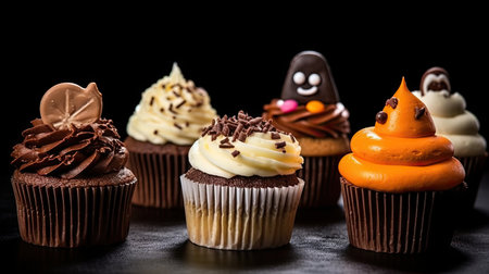 some cupcakes with chocolate frosting and icing on black background, shot in slow motion stock photoの素材