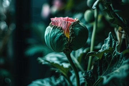 a pink flower with green leaves in the background and a blury light coming through the top part of the flowerの素材