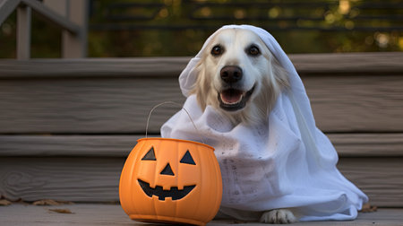 a dog dressed up as a ghost with a pumpkin in its mouth, sitting on a wooden benchの素材