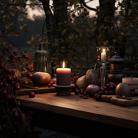 an outdoor setting with candles, apples and other items on a wooden table in the background is a dark forestの素材