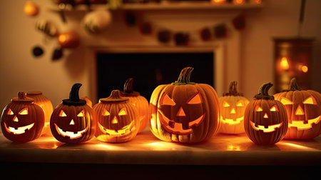 halloween pumpkins lit up in front of a fireplace with candles on the mantle and decorated to look like jack olanternsの素材