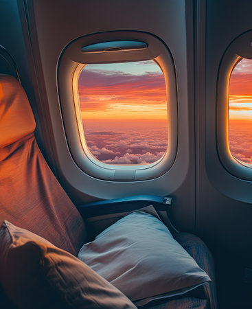 an airplane window with the sun setting in the sky and clouds behind it, as seen from inside the planeの素材