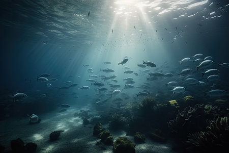 fish swimming in the ocean with sunlight streaming through the waters surface, creating an underwater scene photo by personの素材
