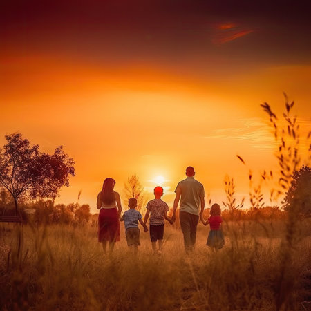 a family holding hands as the sun sets in the sky behind them and walking through tall grass at sunset timeの素材