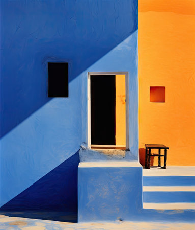 an orange and blue building with a bench in the fore, santo island, santoia, italy by corboの素材