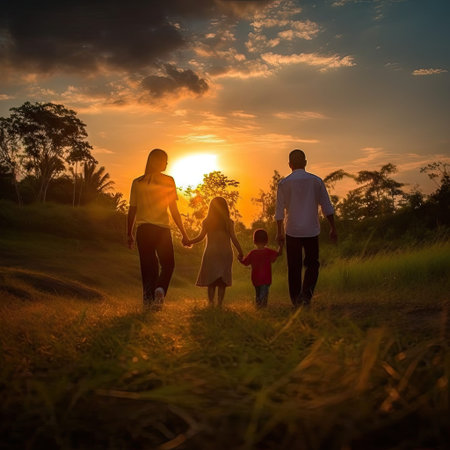 a family holding hands as the sun sets in the sky behind them and walking through tall grass at sunset timeの素材