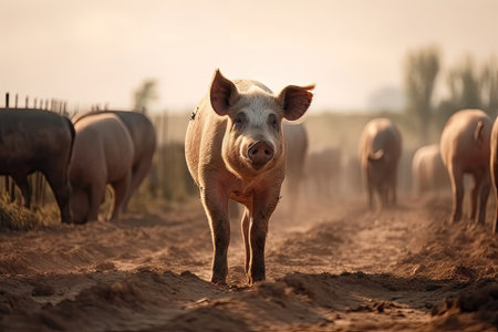 a pig standing in the middle of a dirt field with other pigs behind it and one pig looking at the cameraの素材