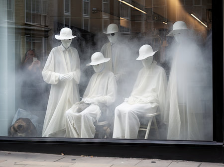three manne dressed as ghosts in a shop window with smoke coming from the windows and people sitting on the sidewalkの素材