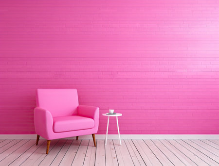 a pink chair in front of a bright pink brick wall with white wooden floor and lamp on the right sideの素材