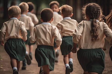 school children running down the street in their uniforms, with text overlay that reads what is your childs education?の素材
